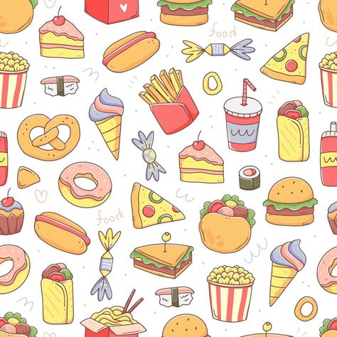 Seamless pattern with fast food in cute kawaii doodle style. Vector junk food illustration background. Kawaii Doodle, Food Clipart, Doodle Style, Sketch Notes, Illustration Background, Food Illustration, Kawaii Doodles, Food Illustrations, Cute Kawaii