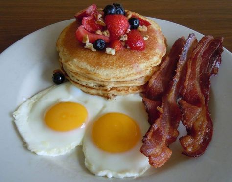 #breakfast platter #pancakes #eggs #bacon #berries #gabriels #marietta Pancakes And Bacon Breakfast, Pancakes And Bacon Aesthetic, Pancake Eggs Bacon Breakfast, Pancakes With Toppings, Pancakes Eggs And Bacon Breakfast, Pancake Breakfast Ideas, Bacon And Pancakes, Pancake Bacon, Pancakes With Bacon