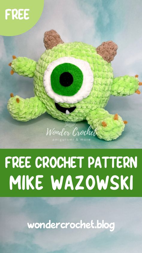 Bernat Amigurumi Free Pattern, Easy Plushie Crochet Pattern, Futurama Crochet Pattern Free, Amigurumi Free Pattern Character, Amigurumi Free Pattern Disney, Crochet Mike Wazowski Free Pattern, Disney Free Crochet Patterns, Monster Inc Crochet Pattern, Disney Characters Crochet