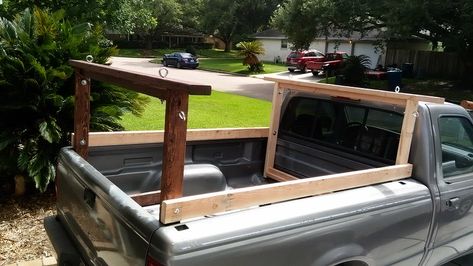 12ft boards in a 6ft truck bed - DIY truck rack | DIY Home Improvement Forum Diy Truck Bed Rack, Mahogany Wood Stain, Truck Bed Rack, Diy Truck Bedding, Truck Bed Rails, Bed Rack, Pickup Trucks Bed, Sporting Goods Store, Wood Rack