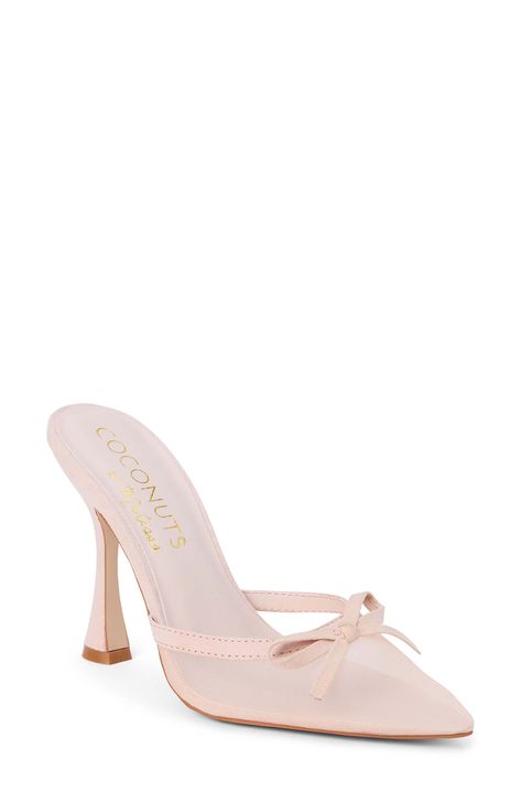 A dainty bow accentuates the pointy toe of this perfectly sophisticated and modern pump. 4 1/4" heel Textile upper/synthetic lining and sole Imported Shoes For Light Pink Dress, Sims Heels Cc, Graduation Heels College, Cute Kitten Heels, Heel Inspiration, Wedding Guest Heels, Toe Colors, Kitty Heels, Princess Heels