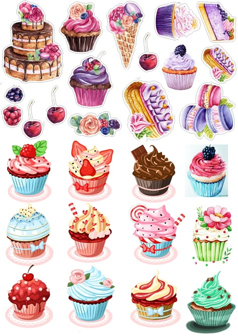 Food Illustration Design, Cupcake Art, Cute Food Drawings, Scrapbook Stickers Printable, Printable Scrapbook Paper, Bullet Journal Stickers, Food Drawing, Colouring Books, Journal Stickers