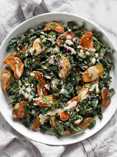 Roasted Potato Kale Salad - Last Ingredient Kale Potato Salad, Work Salads, Fingerling Potato Salad, Tahini Vinaigrette, Potato Kale Salad, Lighter Meals, Traditional Potato Salad, Blue Zone Recipes, Zone Recipes