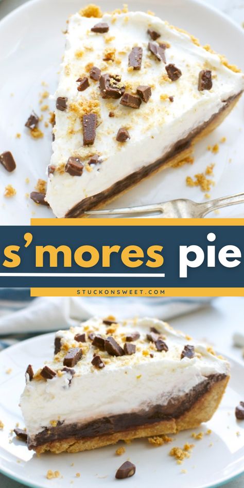 What your 4th of July dessert ideas need! Made with a graham cracker crust, chocolate pudding filling, and a marshmallow fluff topping, this no-bake pie is a yummy summer dessert. Save this no-bake dessert recipe for an easy s'mores pie! 4th Of July Pie Recipes, Smores Pie Easy, S’more Pie Recipe, S’mores Pie, Recipes With Marshmallow Fluff, Marshmallow Pie Recipe, 4th Of July Pie, Graham Cracker Crust Dessert, Smores Pie Recipe