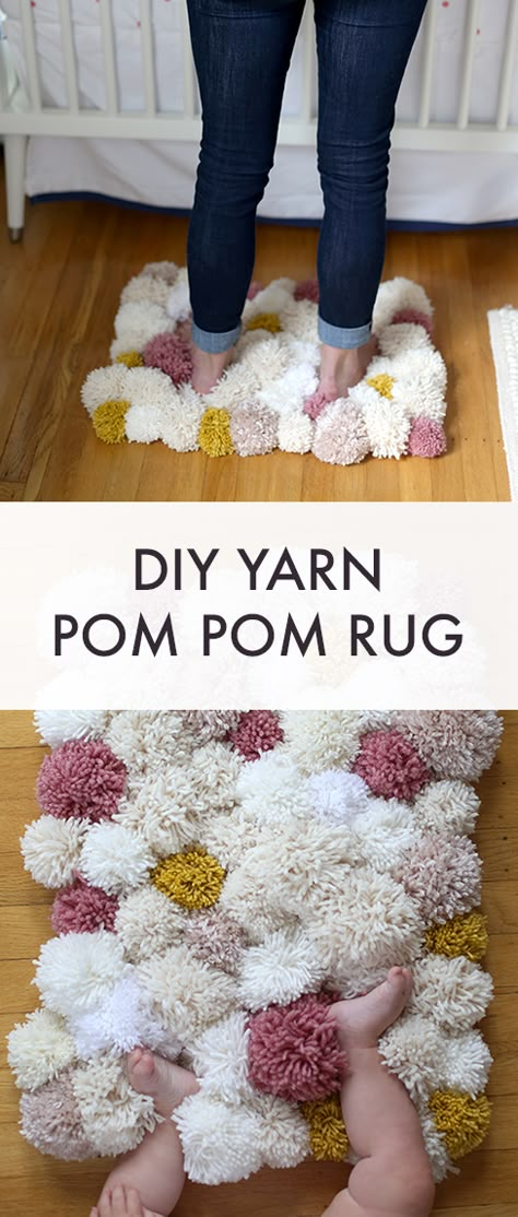 Pompon Rug Diy, Pom Pom Bedroom Decor, Pom Pom Nursery, Diy Nursery Crafts, Pom Pom Rug Diy How To Make, Diy Crafts For Nursery, Diy Rug Making, Homemade Nursery Decor, Diy Baby Nursery Decor