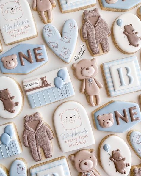 Bear First Birthday Cookies, Bear Birthday Cookies, First Birthday Cookies Boy, Bear Cookies Decorated, First Birthday Sugar Cookies, Decorated Biscuits, Baby Boy Cookies, Special Cookies, First Birthday Cookies