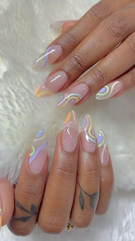 Pastel Swirls Nails, Baby Pink Almond Nails Design, French Pastel Nails, Pastel Swirl Nails, Coachella Nails, Rings Summer, Almond Acrylic Nails Designs, Swirl Nails, Spring Designs