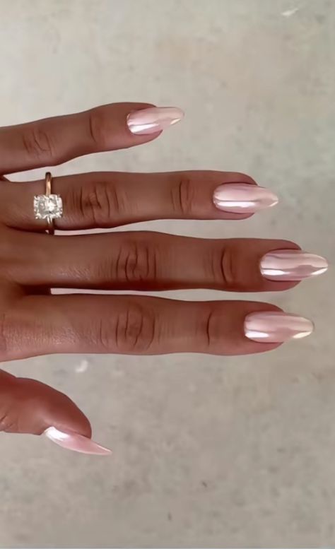 Elegant Milky Nails, Nails To Wear To A Wedding, Nail Inspo For Wedding Guest, Baby Pink Nails Chrome, Baby Pink Nails With Chrome, Sweet Sixteen Nails Ideas, Pink Almond Chrome Nails, Cat Eye Pink Nails, Sugarplum Nails