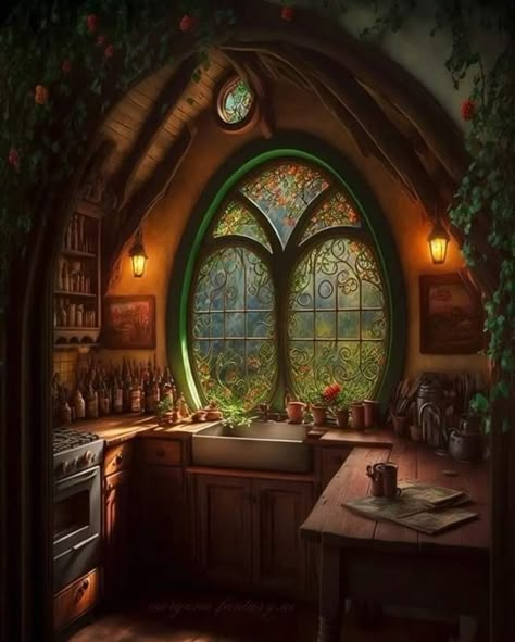 Fantasy Homes Interior, Cozy Witchy Home, Cozy Fantasy Room, Hobbit Room Aesthetic, Hobbit Aesthetic Home, Fantasy Cottage Interior, Fairytale Kitchen, Hobbit Decor, Fairy Kitchen