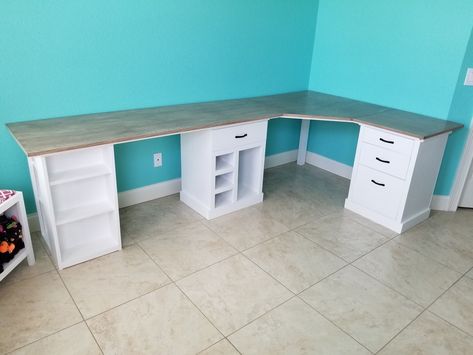 L Shape Desk With Storage, Corner Office Space Ideas, Diy Craft Desk With Storage, Craft Space In Bedroom, Craft Desk Ideas, Craft Table Ideas, Cricut Desk, Crafting Desk, Craft Room Desk