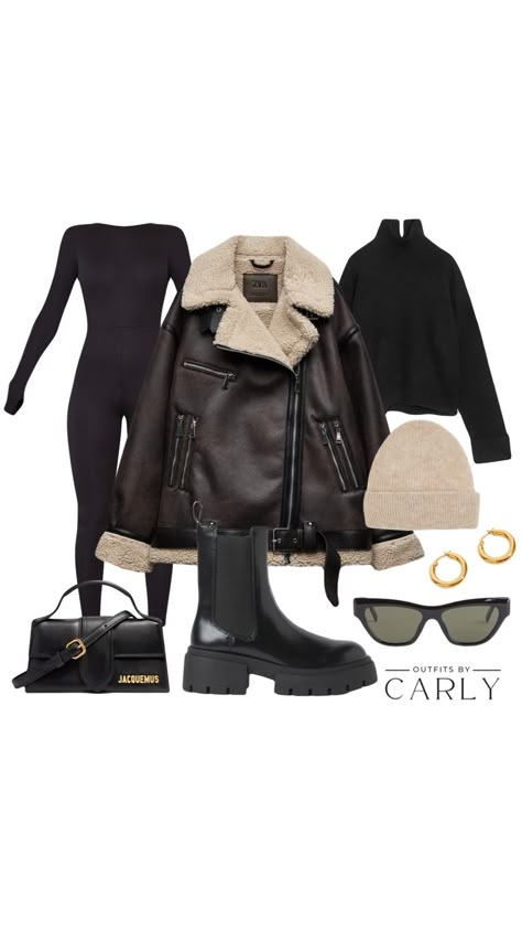 A black bodysuit, black turtleneck jumper, black sunglasses, gold hooped earrings, a cream-coloured knitted beanie, a black Jacquemus handbag, and black chunky boots. Winter Aviator Jacket Outfit, Uk Outfit Women Winter, Zara Brown Jacket Outfit, Brown Aviator Jacket Outfit Winter Style, Full Body Suit Outfits Winter, Zara Aviator Jacket Outfit, Black Winter Boots Outfit, Brown Autumn Outfit, Outfits With Brown Jacket