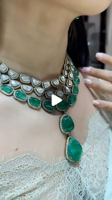 CHAMPAGNE GEM®️ by Bebe Bakhshi on Instagram: "Absolutely in love with this set from Hazoorilal by Sandeep Narang @hazoorilaljewellers with Polki Diamonds, Rose-cut Diamonds and Zambian Emeralds. 

The earrings are featuring over 10-carats of Polki Diamonds (uncut) with 55-carats of Zambian Emeralds and Three row necklace with a drop is set with over 55-carats of Rose-cut Diamonds and 180-carats of Zambian Emeralds. Isn’t this sheer perfection?

[Polki Diamonds are unique, uncut, and having a distinct charm due to their raw look that carries a lustrous and subtle glow. Polki Diamonds can be set with either the point or the flat side facing. The flat planes could be polished to a smooth surface using the traditional emery material, revealing a lustrous glow. Over time, polki diamonds became Polki Diamond Necklace, Ruby Diamond Necklace, Polki Earrings, Polki Necklace, Zambian Emerald, Uncut Diamond, Ruby Diamond, Rose Cut Diamond, Rose Cut