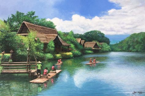 “Rafting at Labasin Lake, Villa Escudero” Acrylic on canvas 24” x  36” c.2018 By: joereyestheartist Lake Villa, Rafting, House Painting, Acrylic On Canvas, Landscape Paintings, Villa, Lake, Paintings, House Styles