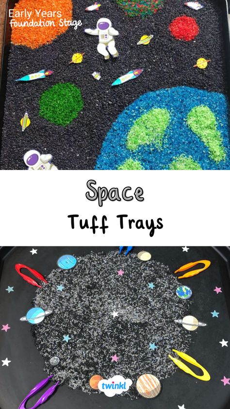 Some great rice space tuff tray ideas! Perfect space activities eyfs. Thanks to @eyfsoaktree @bundles.of.wonder Rice Tuff Tray Ideas, Planet Activities For Toddlers, Space Themed Tuff Tray, Eyfs Space Activities, Space Activities Eyfs, Space Tuff Tray Ideas, Space Activities For Toddlers, Water Tray Ideas Eyfs, Space Eyfs