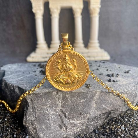 Lakshmi Pendant Gold, Hindu Necklace, Hinduism Symbols, Lakshmi Pendant, Gold Coin Pendant, Hindu Symbols, Goddess Laxmi, Real Gold Necklace, Hypoallergenic Necklace