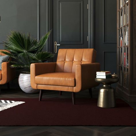 Wade Logan® Jordynn Armchair & Reviews | Wayfair Tufted Armchair, Tufted Arm Chair, Modern Chair, Leather Armchair, Small Space Living, Mid Century Modern Design, Small Living, Better Homes And Gardens, Better Homes