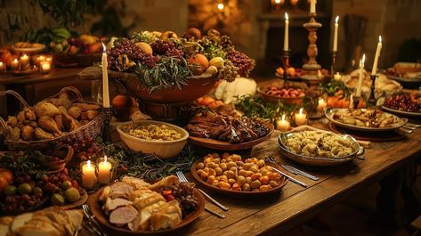 Medieval Feast Table Setting | Premium AI-generated image Feast Table Wedding, Royal Feast Aesthetic, Medieval Feast Table, Medieval Table Setting, Feast Table Setting, Feast Aesthetic, Medieval Dinner Party, Fantasy Feast, Medieval Dinner