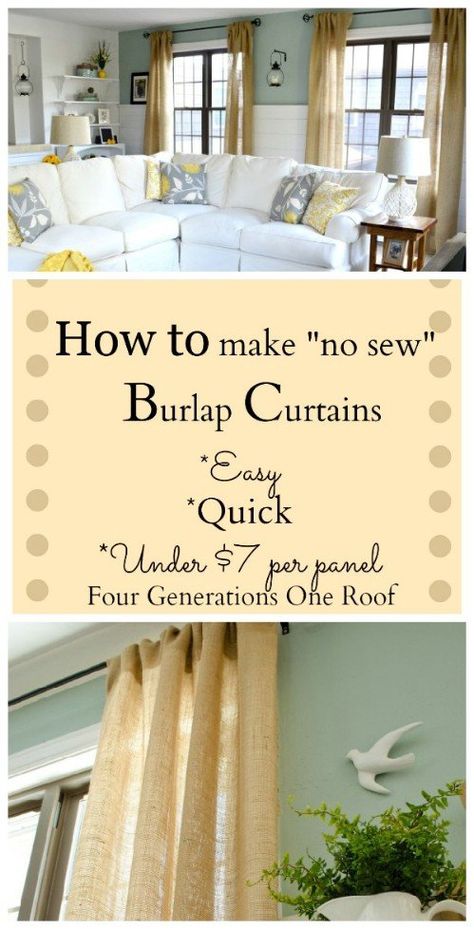 Burlap is a very popular material and one that gives you many craft possibilities. If you are looking to add a bit of rustic to your home or you simply like the look of burlap, there are so many things that you can make! We have collected a list of 100 easy DIY projects that you can... Make Curtains, Hm Home, No Sew Curtains, Burlap Curtains, Diy Burlap, Dekor Diy, Door Track, How To Make Curtains, No Sew