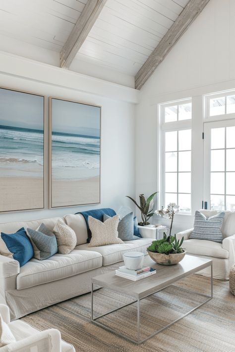 Transform your living room into a permanent vacation with these beach house design ideas. Beach House Design Ideas, Sea Apartment, Beach Inspired Living Room, Beige Sofa Living Room, Beach Style Living Room, Coastal Glam, Glam Kitchen, Beach Inspired Decor, Nautical Cake