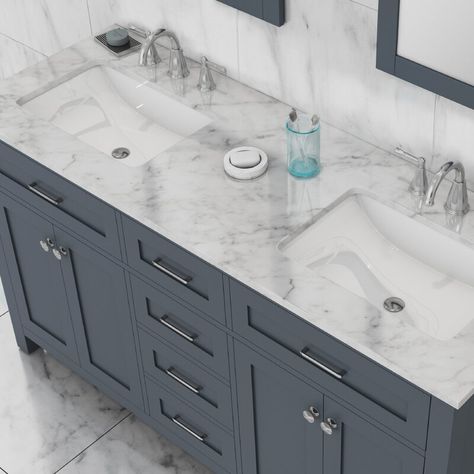 60 Inch Double Vanity, Cabinet Base, Free Standing Vanity, Standing Vanity, Transitional Vanity, Carrera Marble, Brushed Nickel Hardware, Cape House, Double Vanity Bathroom