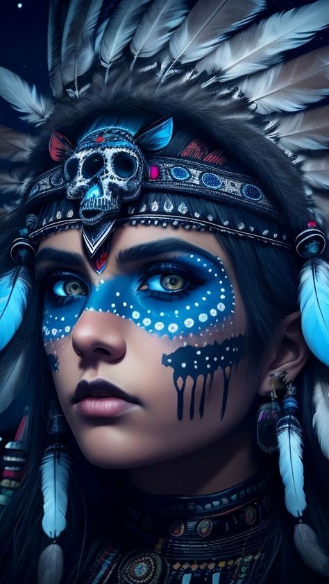 Viking Hairstyles Female, Native American Wolf Art, Indian Skull Tattoos, Adult Face Painting, Wolves And Women, Native American Paintings, Cute Eye Makeup, Modern Graphic Art, Native American Pictures