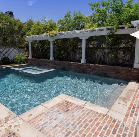 Pool Brick Pavers, Old Chicago Brick Around Pool, Brick Pool Surround, Pool With Brick, Brick Around Pool, Brick Pool Deck, Brick Pool, Pavers Around Pool, French Country Pool