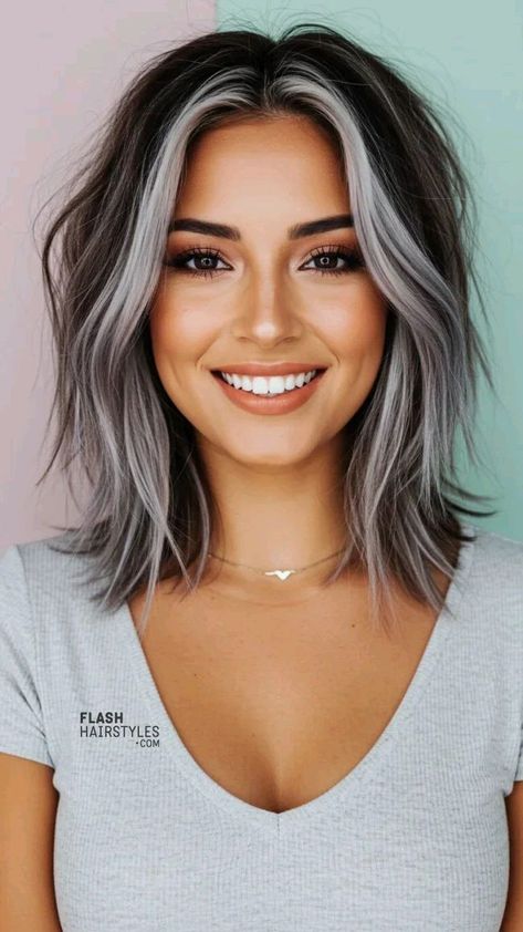 Dark Hair With Highlights To Cover Gray, Brunette Gray Transition, Dark Brown With Platinum Money Pieces, Dark Brown Hair Platinum Money Piece, Reverse Balayage Grey Silver Hair, Grayish Hair Color, Gray Halo Hair, Grey Moneypiece Hair, Brown Hair With Grey Money Piece