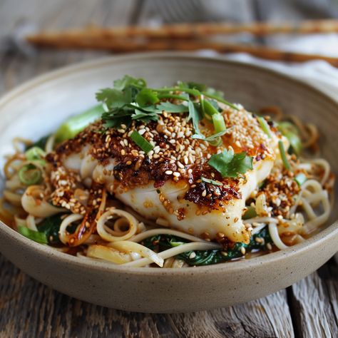 Sesame-Crusted Cod with Ginger Noodles | The Fish Society Fish With Risotto, Fish Noodles Recipe, Opakapaka-fish Recipe, White Fish Meal Prep, Non Fishy Fish Recipes, Recipes For Dinner Fish, Mild Fish Recipes, Different Fish Recipes, Cod Stir Fry