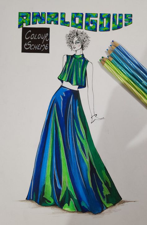 Analogous Fashion Illustration, Cool Colour Dress Illustration, Cool Colour Scheme Drawing, Analogous Color Scheme Fashion, Staedtler Colour Pencil Drawings, Color Schemes Drawing, Analogous Drawing, Analogous Color Scheme Drawing, Colour Wheel Design Ideas