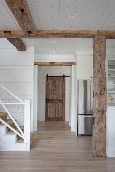 Kitchen Ceiling Design, Hall Stairs, Cottage Style Kitchen, Basement Reno, White Subway Tile Backsplash, White Shiplap, Interior Design Work, Kitchen Ceiling, Modern Beach House