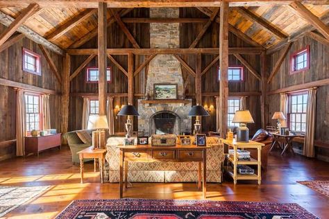 Converted Barn Homes, Barn Conversion Interiors, Barn Windows, Traditional Home Magazine, Open Floor Concept, Woodstock Vermont, Barn Kitchen, Cozy Family Rooms, Converted Barn