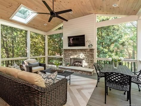 Screened In Patio With Fireplace, Screened In Porch With Fireplace, Screened In Porch With Corner Fireplace, Enclosed Deck With Fireplace, Screened In Porch With Fireplace And Tv, Screened In Porch With Double Sided Fireplace, 3 Season Porch, Back Porch Designs, Deck Fireplace