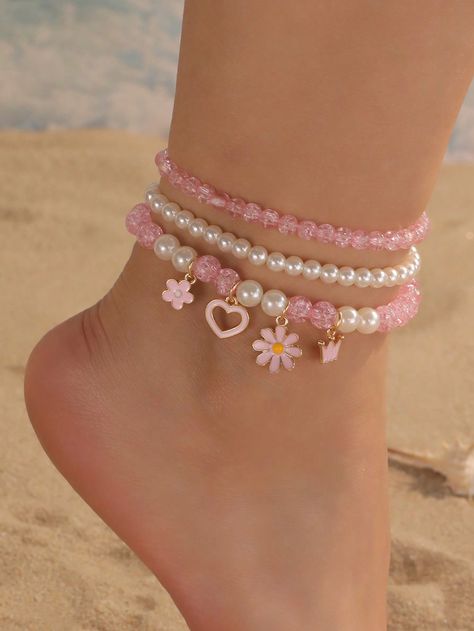 Ensemble de 3 bracelets de cheville avec des perles en daisy, fleur, cœur et perle artificielle pour enfant style plage d'été, accessoire de mode Multicolore    Verre     Teen Jewelry & Watches, size features are:Bust: ,Length: ,Sleeve Length: Cute Anklets Beaded, Pink Anklet, Body Jewelry Diy, Cute Anklets, Butterfly Anklet, Bead Anklet, Anklet Designs, Daisy Jewelry, Teen Jewelry