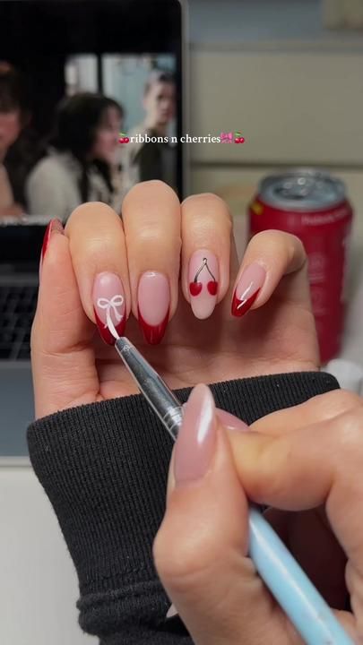 Sarah on TikTok Cherry Nails Tutorial, Nail Art Designs Cherry, Ribbon Nails Designs, Cherry Nail Polish, Cherries Nails, Cherry Nail Art, Red Gel Nails, Fancy Nail Art, Nail Design Video