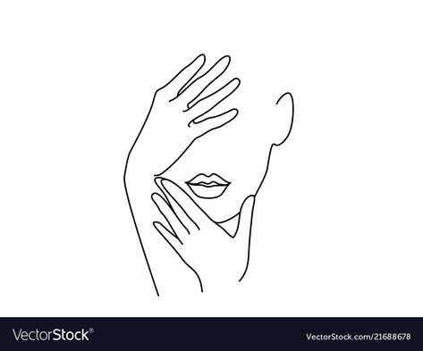 Hands Vector Illustration, Face With Hands, Art Woman Face, Hands Vector, Line Drawing Art, Female Face Drawing, Hand Lines, Face Lines, Small Drawings