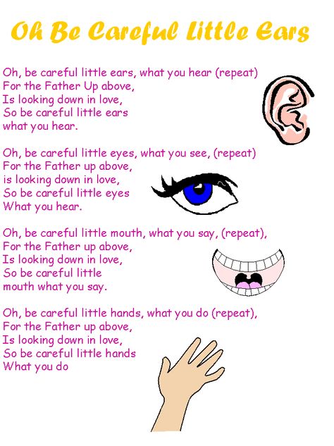 "Oh be careful little ears"... Great song to teach kids! I remember one more verse from when I was a kid (Oh be careful little feet where you go). Kids Church Songs, Children's Church Songs, Childrens Bible Songs, Bible Songs For Kids, Toddler Sunday School, Sunday School Songs, Homemade Carnival Games, Toddler Bible, Youth Group Activities