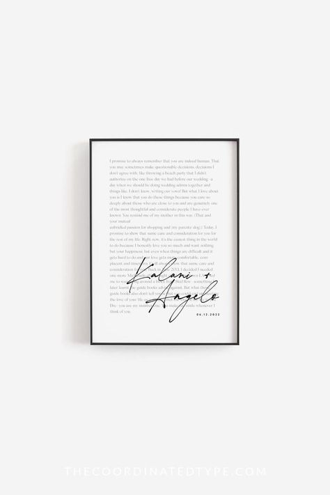 Vow Art, Calligraphy Vows, Wedding Vow Art, Printable Inspirational Quotes, Modern Calligraphy Fonts, Inspirational Printables, Wedding Vow, Anniversary Gifts For Husband, Wedding Keepsakes