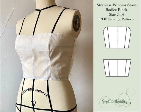 Womens Slim Fit Strapless Princess Seam Bodice Block / Size - Etsy Strapless Bodice Pattern, Dress Bodice Pattern, Princess Seam Bodice, Bodice Block, Princess Line Dress, Bustier Pattern, Strapless Shirt, Crop Top Pattern, Bodice Pattern