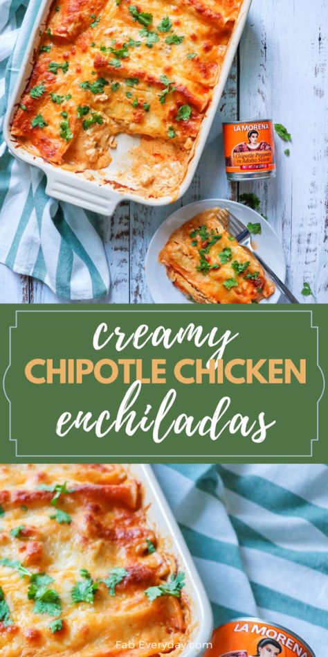 #AD Homemade enchiladas freeze and reheat well, which makes them the perfect dish to share with someone in need. Along with the recipe, I’m sharing tips for how to freeze and reheat them. The star of these chipotle chicken enchiladas is the smoky chipotle cream sauce made with LA MORENA® Chipotle Peppers in Adobo Sauce. Click or visit FabEveryday.com for the chicken enchiladas with creamy chipotle sauce recipe and how to enter the #WeCanwithLaMorena sweepstakes. #PayitForwardwithLM #VivaLaMorena Chipotle Chicken Enchiladas, Creamy Chipotle Sauce Recipe, Creamy Chipotle Chicken, Chipotle Sauce Recipe, Chipotle Cream Sauce, Adobe Sauce, Creamy Chipotle Sauce, Adobo Recipe, Freezable Meals