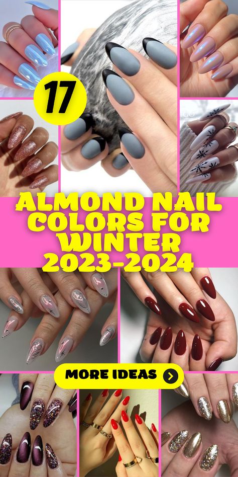 Almond Nails Winter Colors 2023-2024: Elevate your winter style with these almond nails showcasing a stunning array of winter colors for 2023-2024. Whether you're into short or long almond-shaped nails, the options are endless to suit your preferences. From classic solid shades to trendy ombre and matte designs, these nails capture the essence of the upcoming year and the latest 2023 trends in nail art. Current Nail Trends 2023 Almond, Almond Nail Colors, Almond Nails Winter Colors, Matte French Tip, Almond Nails Winter, Nail Colors For Winter, Ombre Nail Colors, Latest Nails, Sophisticated Manicure