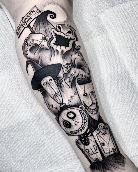 Halloween Sleeve Tattoo, Halloween Sleeve, Jack Skellington Tattoo, Coraline Tattoo, Halloween Tattoos Sleeve, Disney Sleeve Tattoos, Tim Burton Tattoo, Nightmare Before Christmas Tattoo, Christmas Tattoo