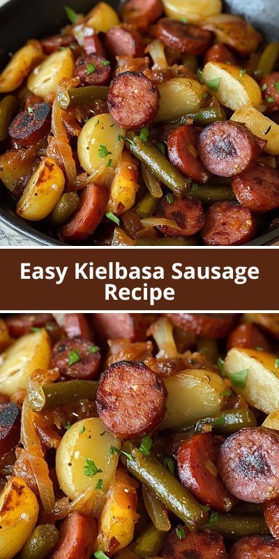 Easy Kielbasa Sausage Recipe -  #Easy #Kielbasa #Recipe #Sausage Easy Supper Ideas With Sausage, Kielbasa Mushroom Pasta, Recipes For Polish Sausage Dinners, Smoked Sausage And Green Beans Recipes, Baked Supper Ideas, Sweet Potato Kielbasa Recipes, Smoked Sausage One Pan Meal, Recipe For Kielbasa Sausage, Kielbasa Potato Bake