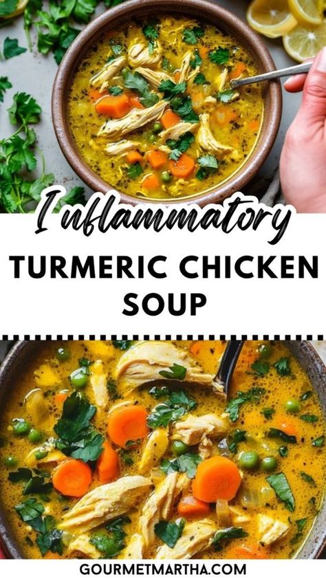 Boost your immune system with this nourishing turmeric chicken soup. Packed with anti-inflammatory ingredients like turmeric, ginger, and garlic, this comforting dish is both healing and delicious. Perfect for a cozy meal that also supports your health. Turn your ingredients into magic – get the recipe #turmericchickensoup #antiinflammatory #healthysoup #immunehealth #comfortfood #fallrecipes #healingfoods #easydinner #glutenfree #paleorecipes #detoxsoup Immunity Boosting Turmeric Chicken Soup, Recipe With Turmeric, Anti Inflammation Tumeric Chicken Soup, Quick Sick Meals, Foods For Immunity, Recipes To Boost Immune System, Sickness Soup Recipes, Nourishing Winter Meals, Flavorful Soup Recipes