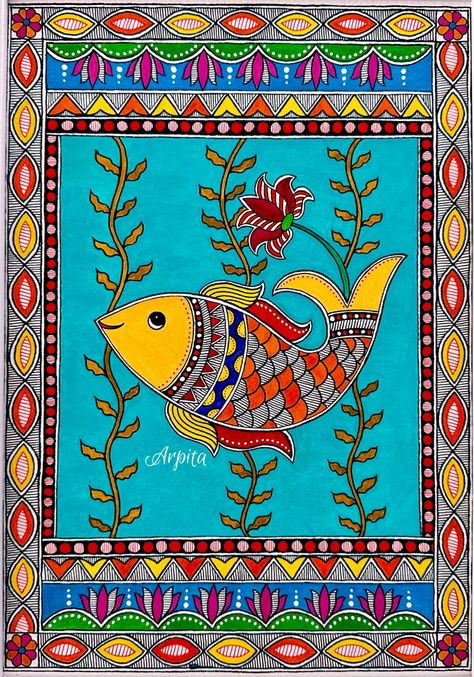 Madhubani Painting easy fish motif design for Beginners Madhubani Elephant Design, Fish Motif Design, Madhubani Art Fish Design, Fish Madhubani Art, Easy Mithila Painting, Madhubani Art Painting, Madhubani Art Design Easy, Madhubani Painting Fish Design, Madhubani Painting Motifs