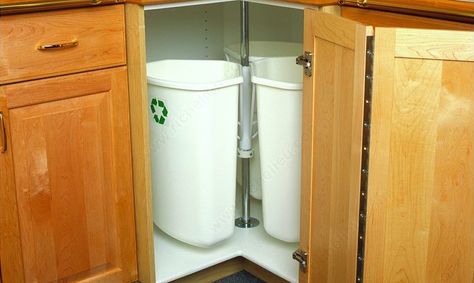 5 Lazy Susan Alternatives | Superior Cabinets Pull Out Trash Cans, Recycled Door, Corner Base Cabinet, Corner Cupboard, Recycling Center, Kitchen Trash Cans, Ideas Hogar, Kitchen Corner, Smart Kitchen