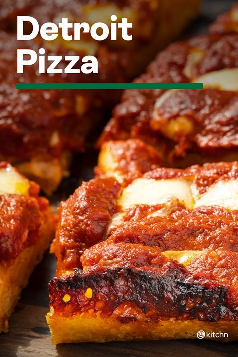 It’s possible to experience a taste of the trendy Detroit-style pizza without a trip to the Motor City. Lately, there has been a boom in demand for this deep-dish, square-cut pizza, but, in fact, this style dates back to at least the 1940s. That’s when a bar owner and his wife decided to use a Sicilian-style pizza dough and bake it into a rectangular steel pan normally used to carry auto parts. They layered it with cheese and sauce, and a trend was born. Detroit Deep Dish Pizza Recipe, Deep Dish Pizza Dough Recipe, Detroit Style Pizza Recipe, Deep Dish Pizza Dough, Detroit Pizza, Pizza Crust Dough, Deep Dish Pizza Recipe, Bar Owner, Calzone Pizza