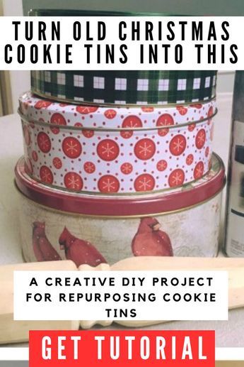 A creative DIY project for repurposing cookie tin Cookie Tins Repurposed, Cookie Tin Crafts, Christmas Tin Can Crafts Ideas, Wood Projects Decor, Antique Decor Ideas, Christmas Crafts Wreaths, Christmas Cookie Tins, Tin Can Projects, Upcycle Bottles