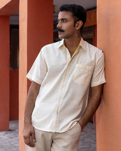 Nirvana Menswear Collection - New Arrivals! A crisp white Khadi shirt is an essential for men who appreciate refined style and quality craftsmanship. Get that relaxed yet polished look in our KARAN HALF SLEEVE SHIRT, elevated with muted mustard detailing. [ Cottons Jaipur, Khadi, Block print, Menswear, Handmade khadi Shirts, Everyday-wear, Summer staples ] #cottons #cottonsjaipur #newarrivals #floral #summer #summer2024 #menswear #khadi #handspun #mensweardaily #blockprint handcrafteds... Half Sleeve Shirts For Men, Cottons Jaipur, Half Sleeve Shirt, Half Sleeve Shirts, Refined Style, Menswear Collection, Summer Staples, Shirts For Men, Half Sleeve