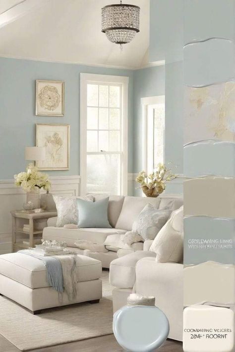 Pale Blue Living Room Walls, Calming Paint Colors For Living Room, Blue Rooms Ideas, Art Pallette, Mint Green Room, Green Room Design, Light Blue Living Room, Blue Walls Living Room, Blue Wall Colors