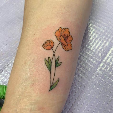 Poppy August Birth Flower Tattoo Poppy And Clover Tattoo, Ladybug And Daisy Tattoo, Daffodil And Ladybug Tattoo, Yellow Poppy Tattoo, Ladybug Daisy Tattoo, Golden Poppy Tattoo, Poppy Tattoo Small Color, Ladybug On Flower Tattoo, Orange Gerber Daisy Tattoo